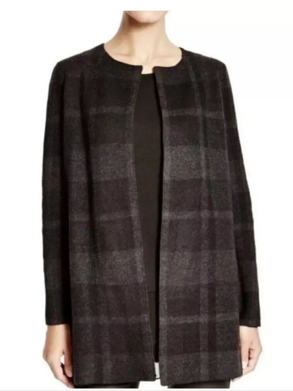 Eileen Fisher Black & Charcoal Plaid Open-Front Cape Coat Size XL In EUC